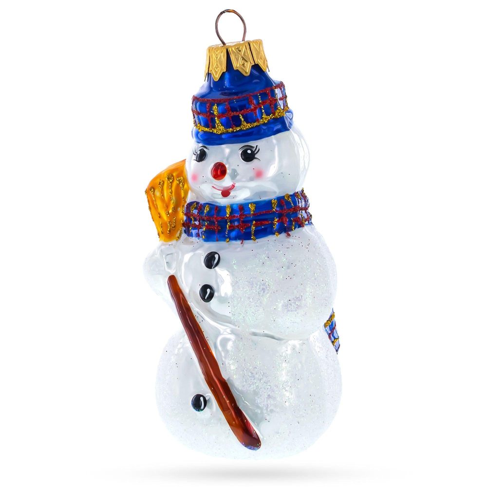 Snowman Holding Broom Mini Glass Christmas Ornament  |   Snowmen Ornaments Snowmen