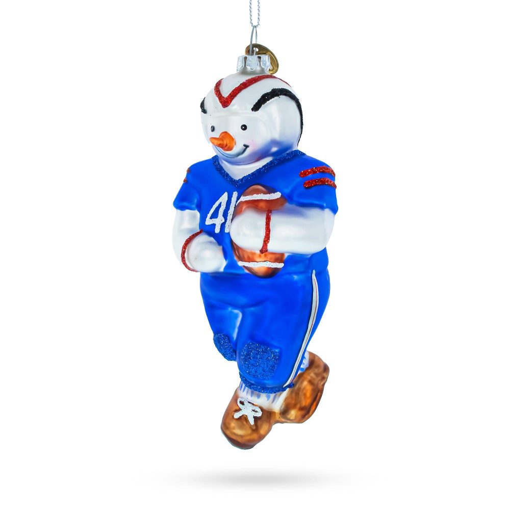 Snowman Playing Football Blown Glass Christmas Ornament  |   Personalized Ornaments Personalized