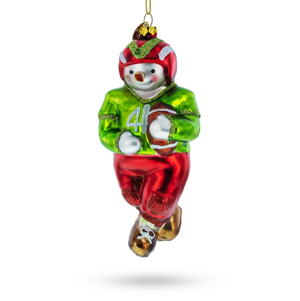 Snowman Playing Football Blown Glass Christmas Ornament  |   Personalized Ornaments Personalized