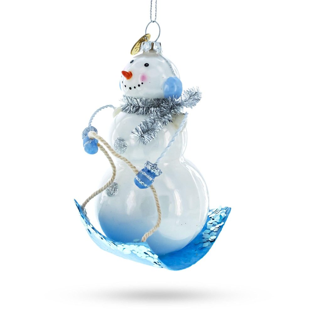 Snowman Riding A Sled Blown Glass Christmas Ornament  |   Personalized Ornaments Personalized