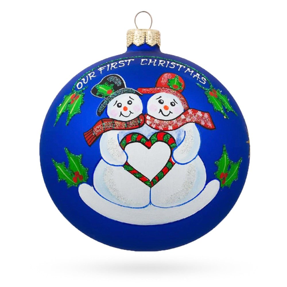 Snowman Sweethearts With Engraved Heart Blown Glass Ball ‘Our First Christmas’ Ornament 4 Inches  |   Love Love Love