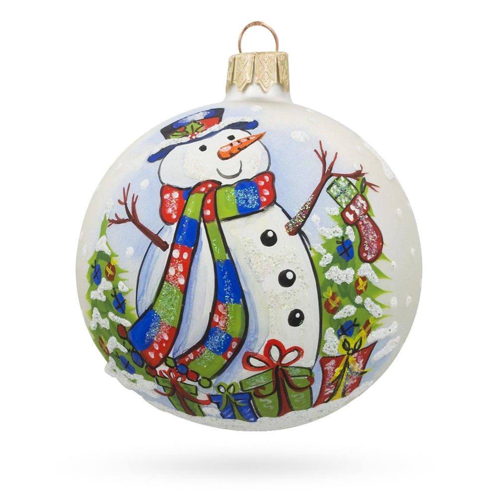 Snowman With Christmas Tree And Gifts Blown Glass Ball Ornament 3.25 Inches  |   Personalized Ornaments Personalized