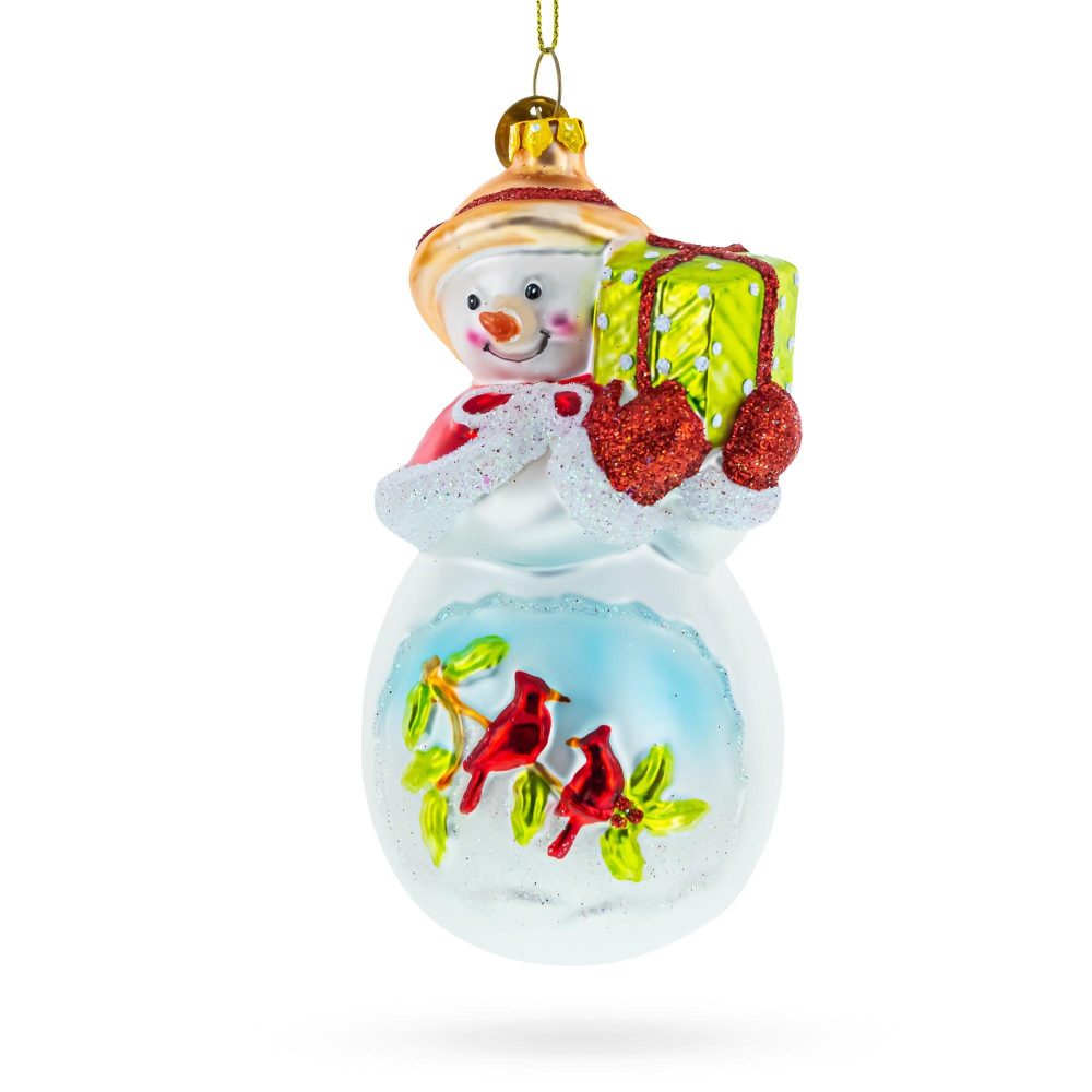 Snowman With Red Cardinals Holding A Gift Blown Glass Christmas Ornament  |   Personalized Ornaments Personalized