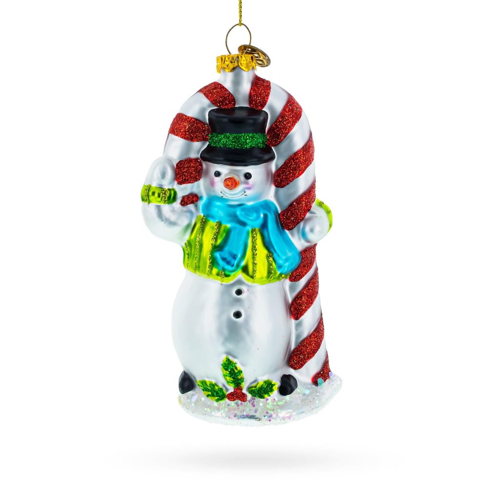 Snowman With The Mint Candy Cane Glass Christmas Ornament  |   Personalized Ornaments Personalized