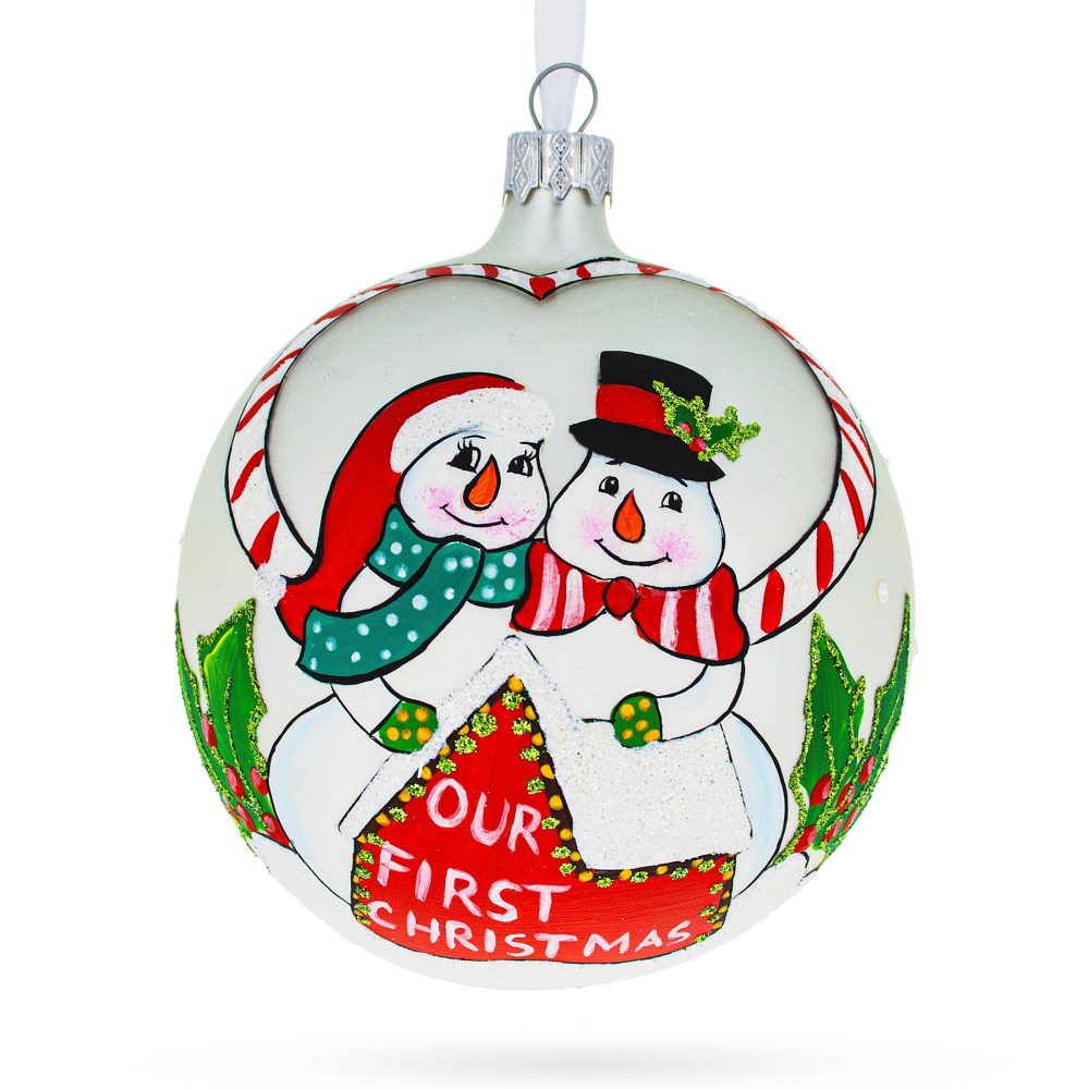 Snowmen Celebrating ‘Our First Christmas’ Blown Glass Ball Christmas Ornament 4 Inches  |   Love Love Love