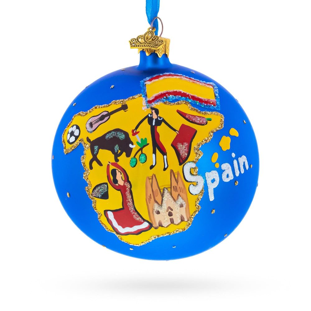 Spain Map And Symbols  Glass Ball Christmas Ornament 4 Inches  |   Travel Ornaments Travel