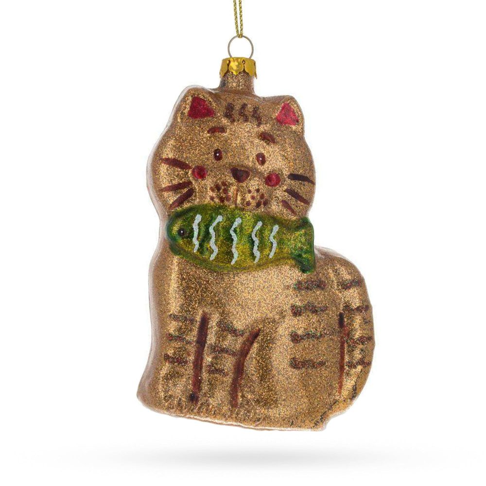 Sparkling Glittered Gingerbread Cat Holding A Fish Glass Christmas Ornament  |   Gingerbread Gingerbread Gingerbread