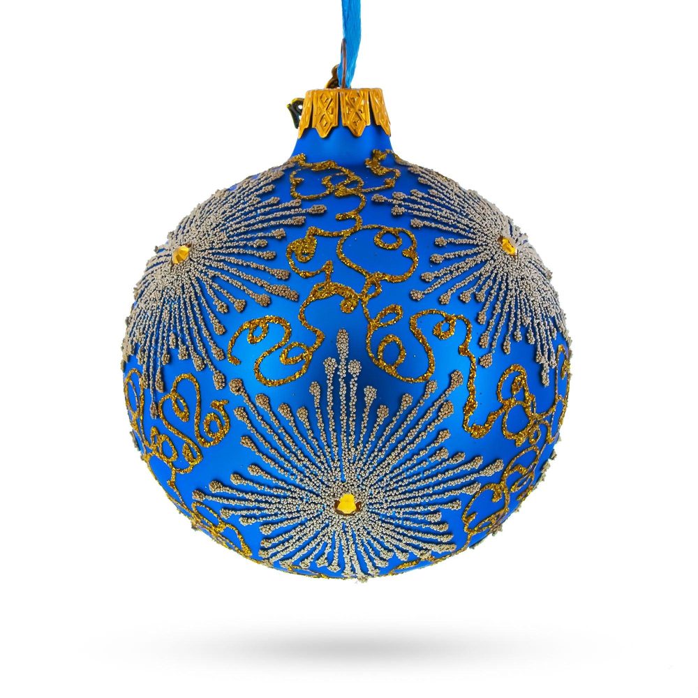 Sparkling Jeweled Snowflakes On Blue Blown Glass Ball Christmas Ornament 3.25 Inches  |   Geometrical Geometrical Geometrical