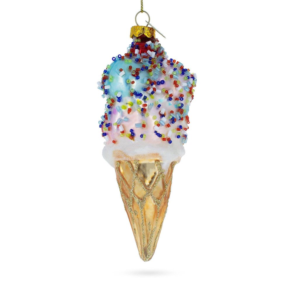 Sprinkled Ice Cream Cone Blown Glass Christmas Ornament  |   Food Food Food