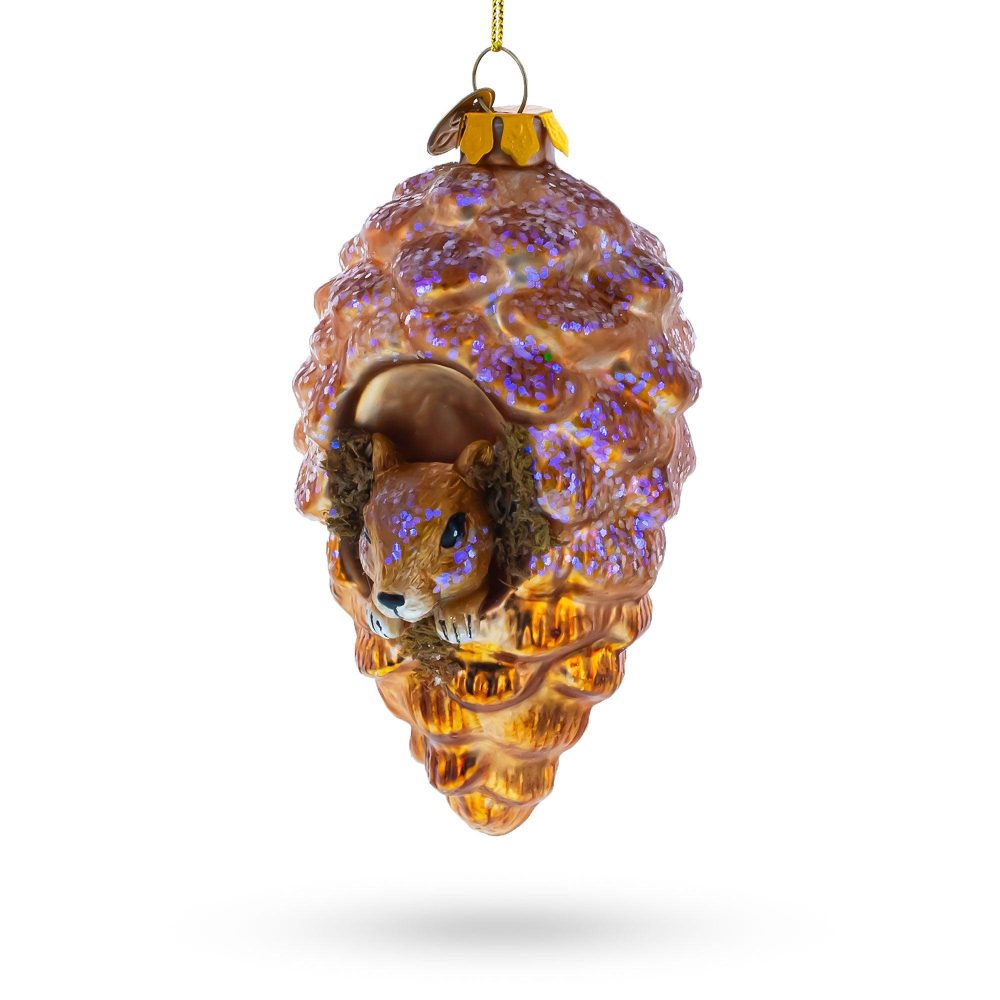 Squirrel Nestled In Pine Cone Blown Glass Christmas Ornament  |   Animals Animals Animals