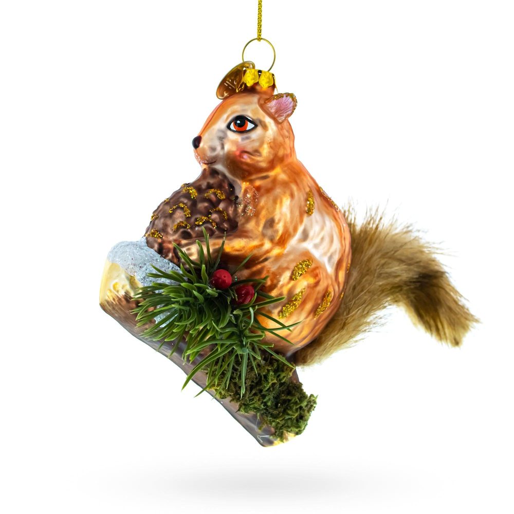 Squirrel On A Branch Blown Glass Christmas Ornament  |   Animals Animals Animals