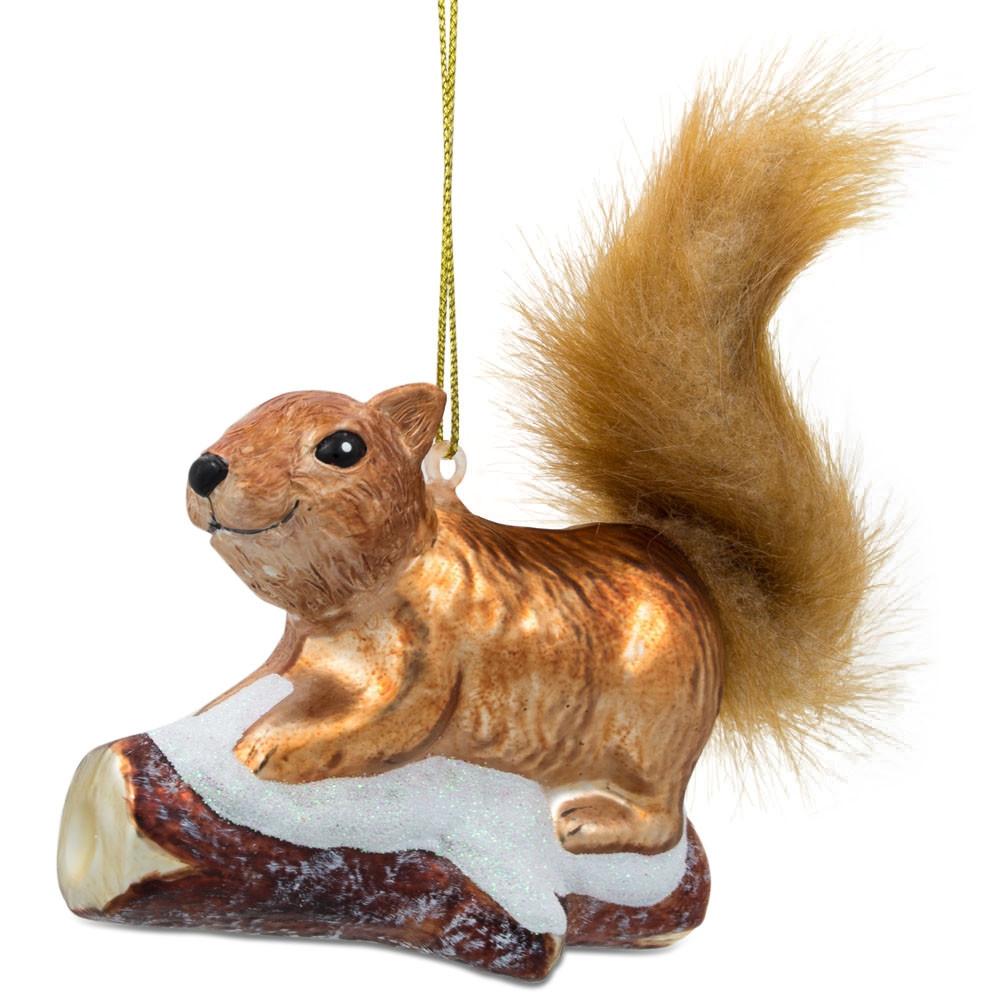 Squirrel On Snowy Branch Blown Glass Christmas Ornament  |   Animals Animals Animals