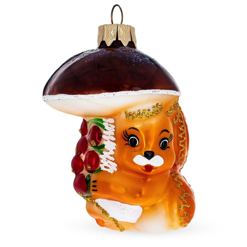 Squirrel Under Mushroom Mini Glass Christmas Ornament  |   Animals Animals Animals