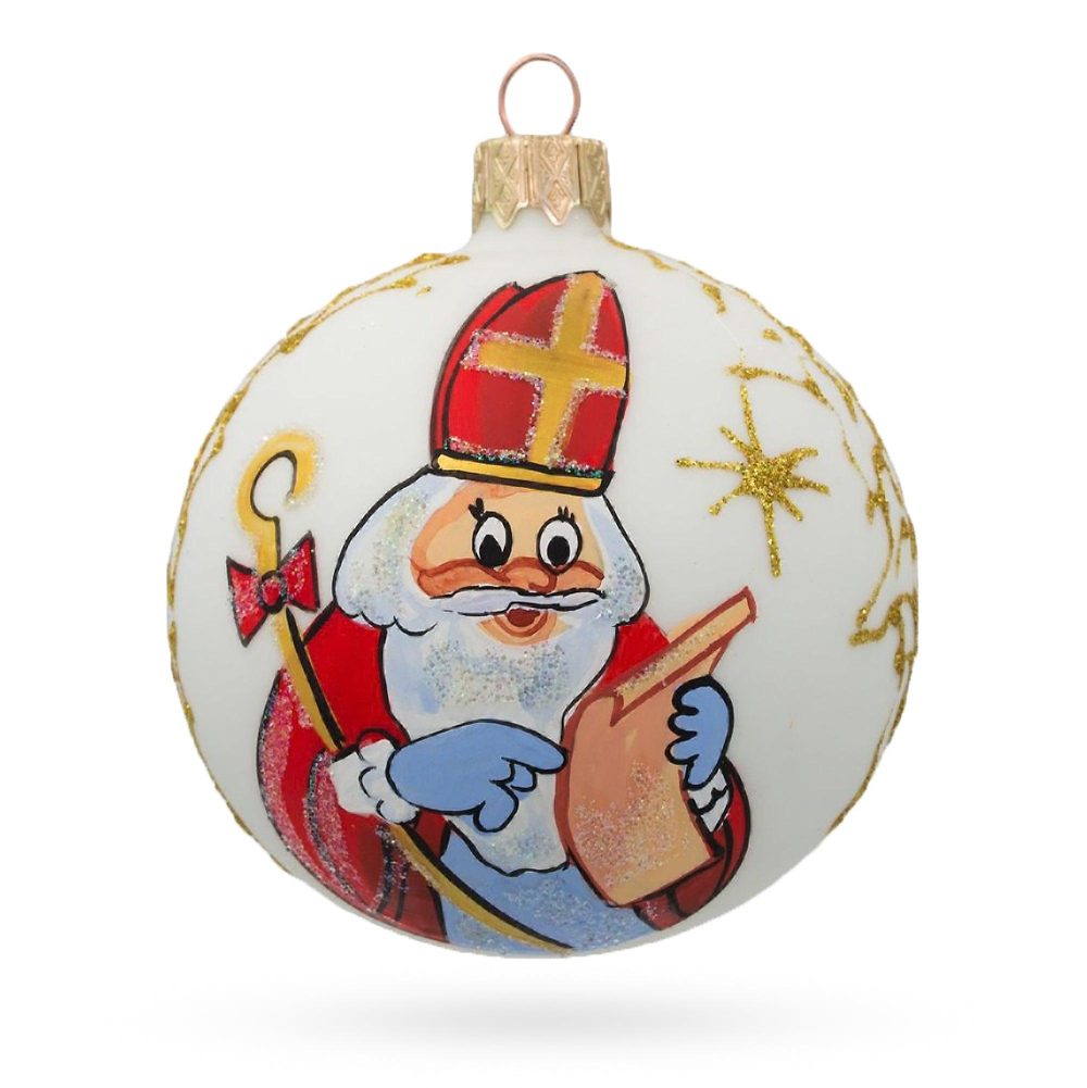 St. Nicholas Perusing His Gift List  Blown Glass Ball Christmas Ornament 3.25 Inches  |   Religious Ornaments Ornaments Religious Ornaments