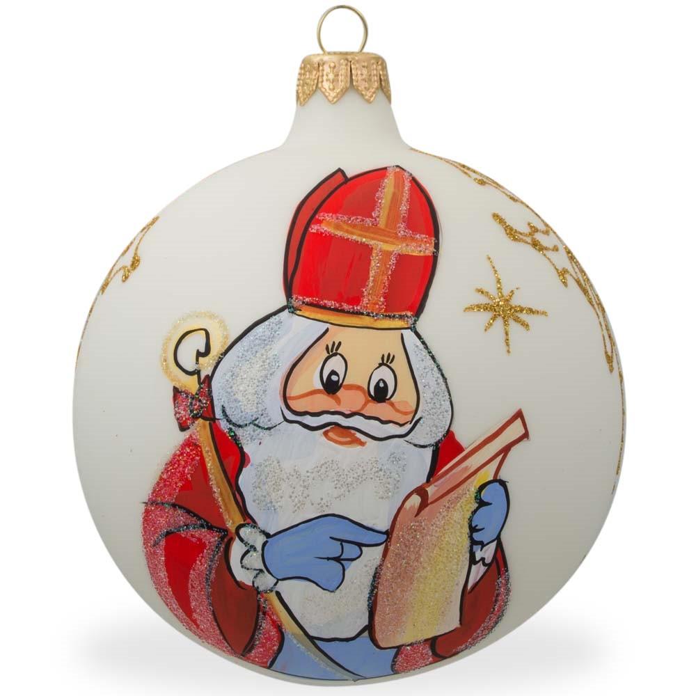 St. Nicholas Reviewing Gift List Blown Glass Ball Christmas Ornament 4 Inches  |   Religious Ornaments Ornaments Religious Ornaments