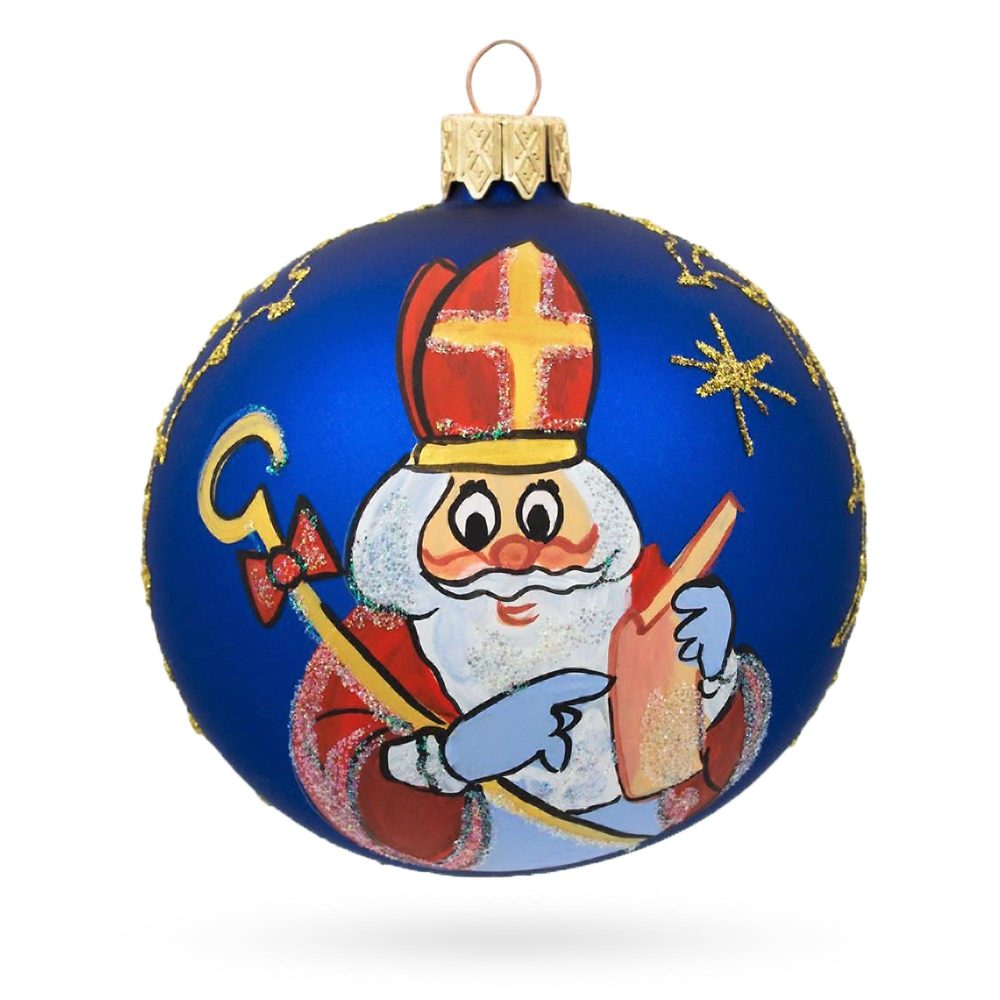 St. Nicholas Reviewing His Gift List Blown Glass Ball Christmas Ornament 3.25 Inches  |   Religious Ornaments Ornaments Religious Ornaments