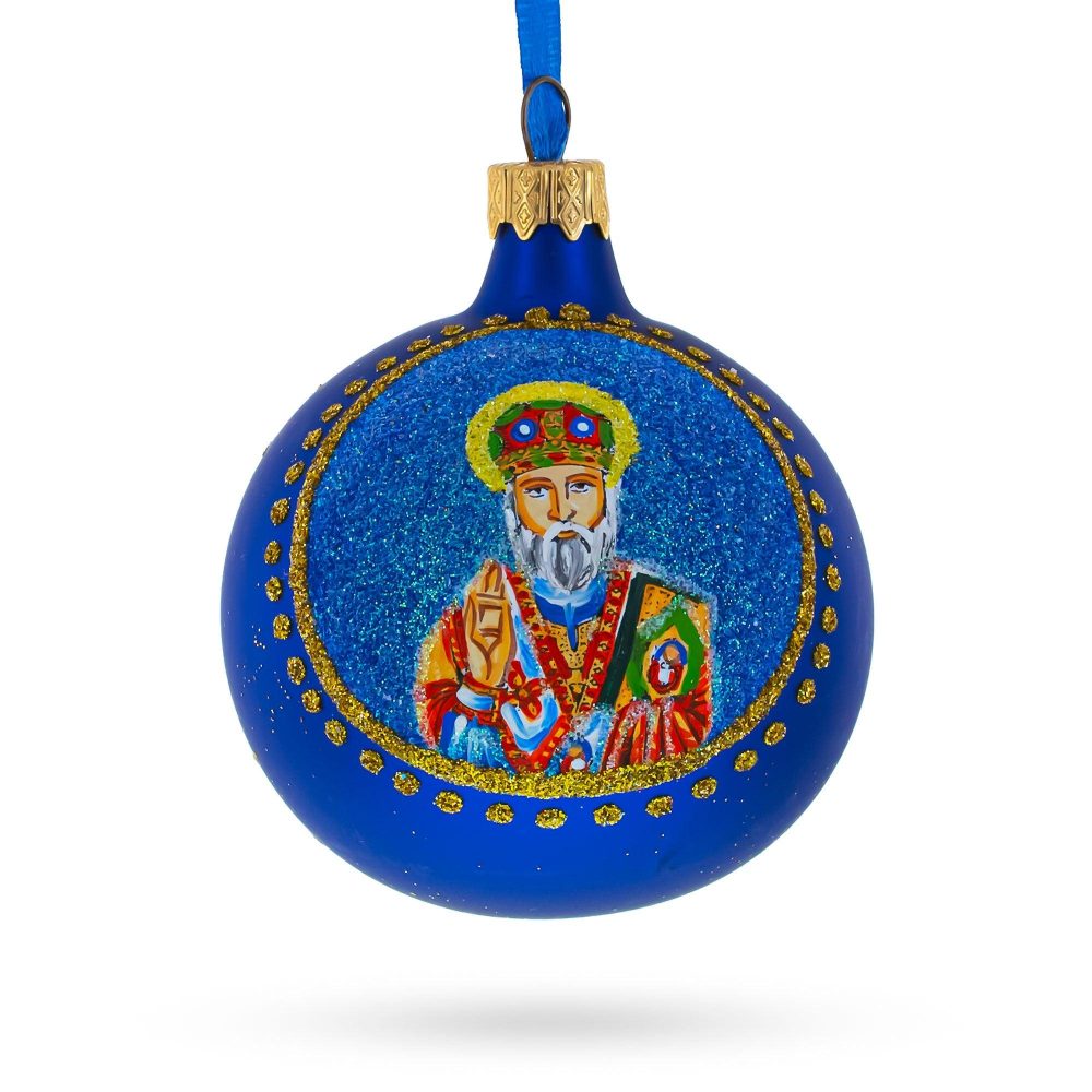 St. Nicholas With The Bible Ukrainian Blown Glass Ball Christmas Ornament 3.25 Inches  |   Religious Ornaments Ornaments Religious Ornaments