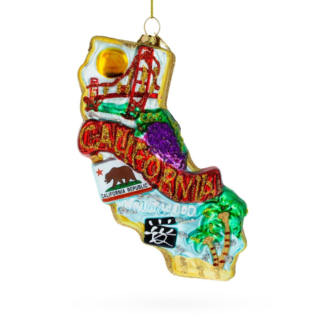 State Of California Symbols, Usa Blown Glass Christmas Ornament  |   Travel Ornaments Travel