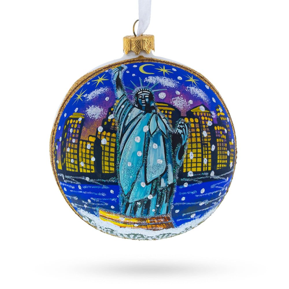 Statue Of Liberty At Night, New York, Usa Blown Glass Ball Christmas Ornament 4 Inches  |   Travel Ornaments Travel