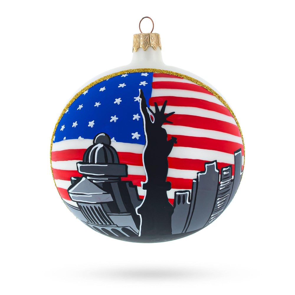 Statue Of Liberty With Usa Flag, New York City Blown Glass Ball Christmas Ornament 4 Inches  |   Patriotic Ornaments Patriotic