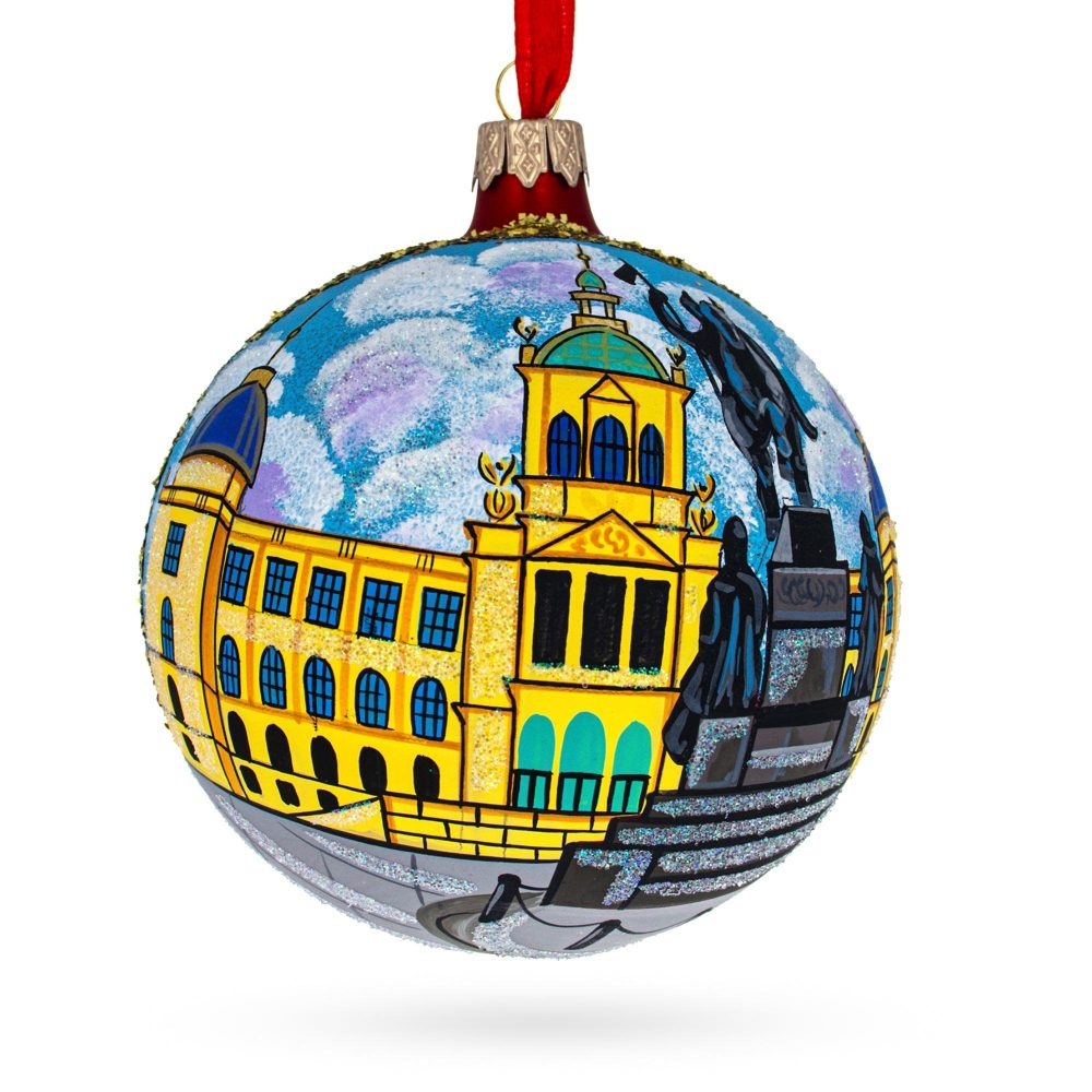 Statue Of St Wenceslas, Prague, Czech Republic Glass Ball Christmas Ornament 4 Inches  |   Travel Ornaments Travel