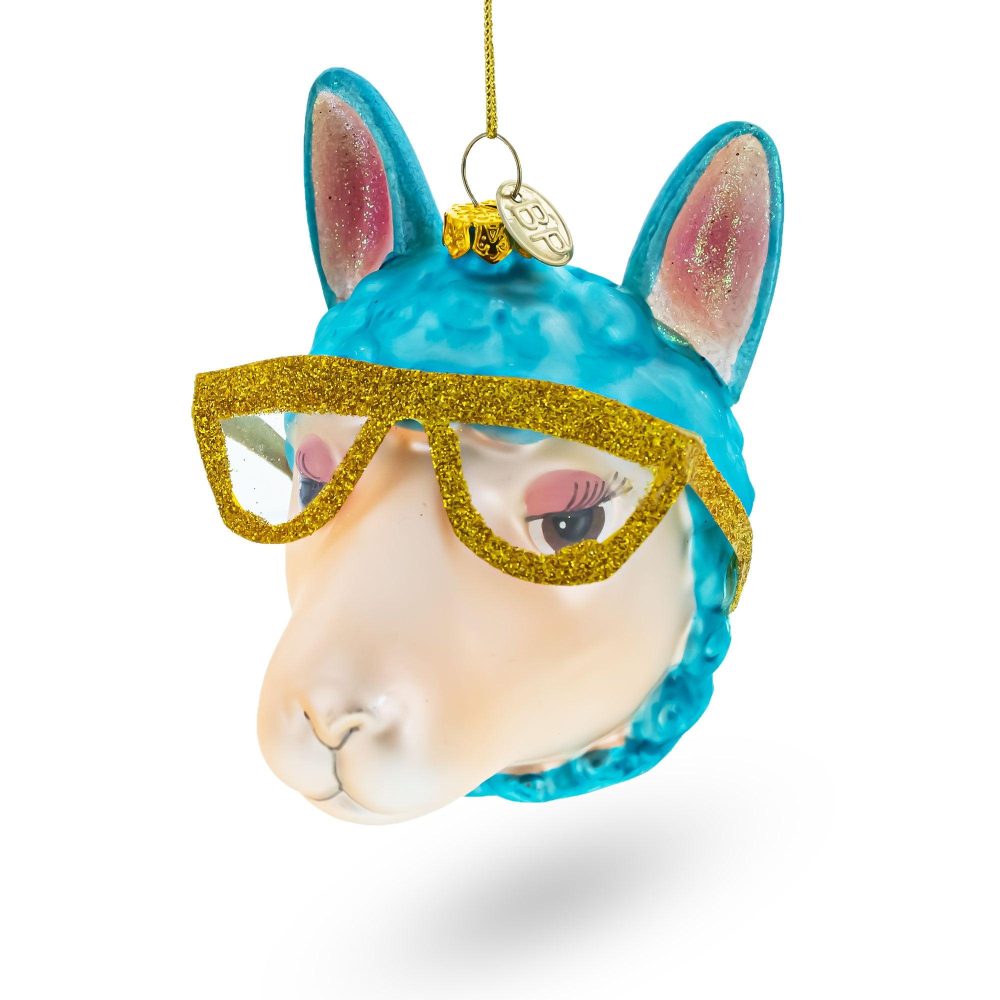 Stylish Lama Rocking Funky Glasses Glass Christmas Ornament  |   Animals Animals Animals