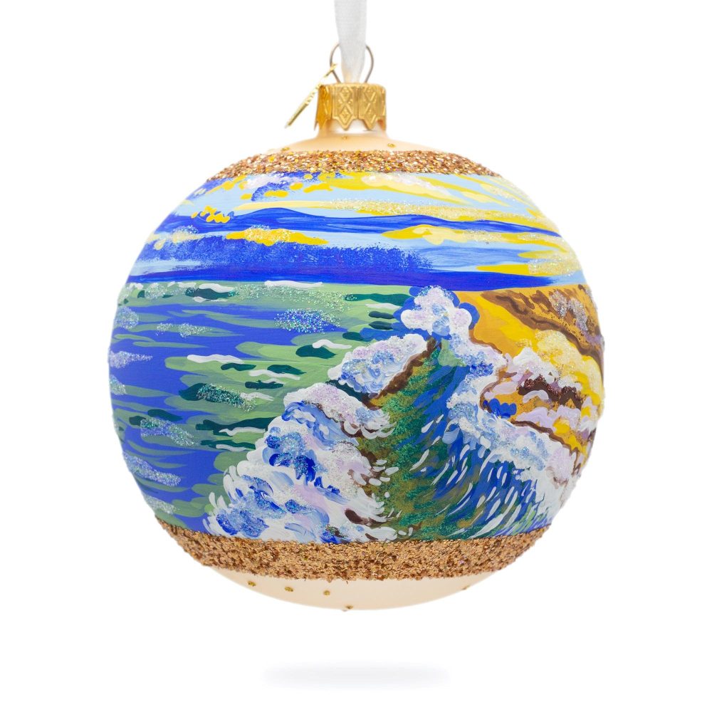 Sunset At The Ocean Painting Glass Ball Christmas Ornament 4 Inches  |   Artworks Artworks Artworks