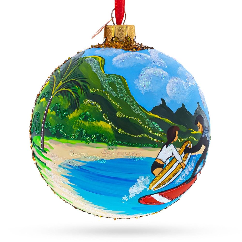 Surfers At Hawaii Beach, Usa Glass Ball Christmas Ornament 4 Inches  |   Travel Ornaments Travel