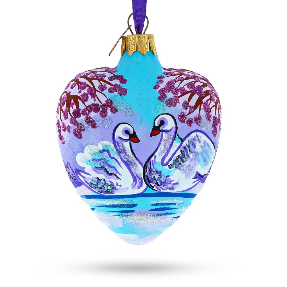 Swans In Love Glass Heart Christmas Ornament  |   Hearts Hearts Hearts