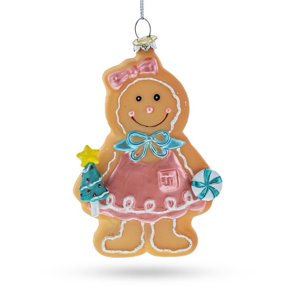 Sweet Gingerbread Girl In Festive Attire Blown Glass Christmas Ornament  |   Gingerbread Gingerbread Gingerbread