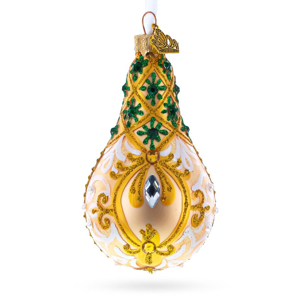 Swirls On Champagne Bejeweled Glass Waterdrop Ornament  |   Couturier Couturier Couturier