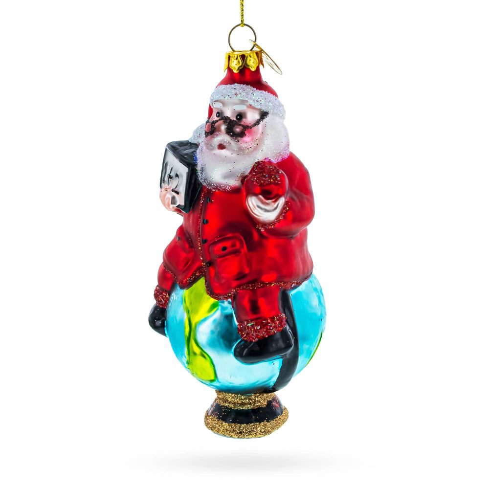 Teacher Santa On World Globe Blown Glass Christmas Ornament  |   Occupations Occupations Occupations