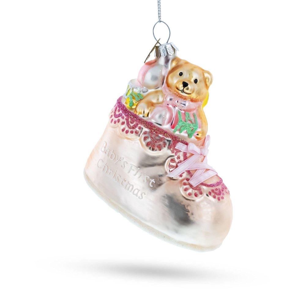 Teddy Bear In Pink Boot Baby’S First Glass Christmas Ornament  |   Baby Baby Baby