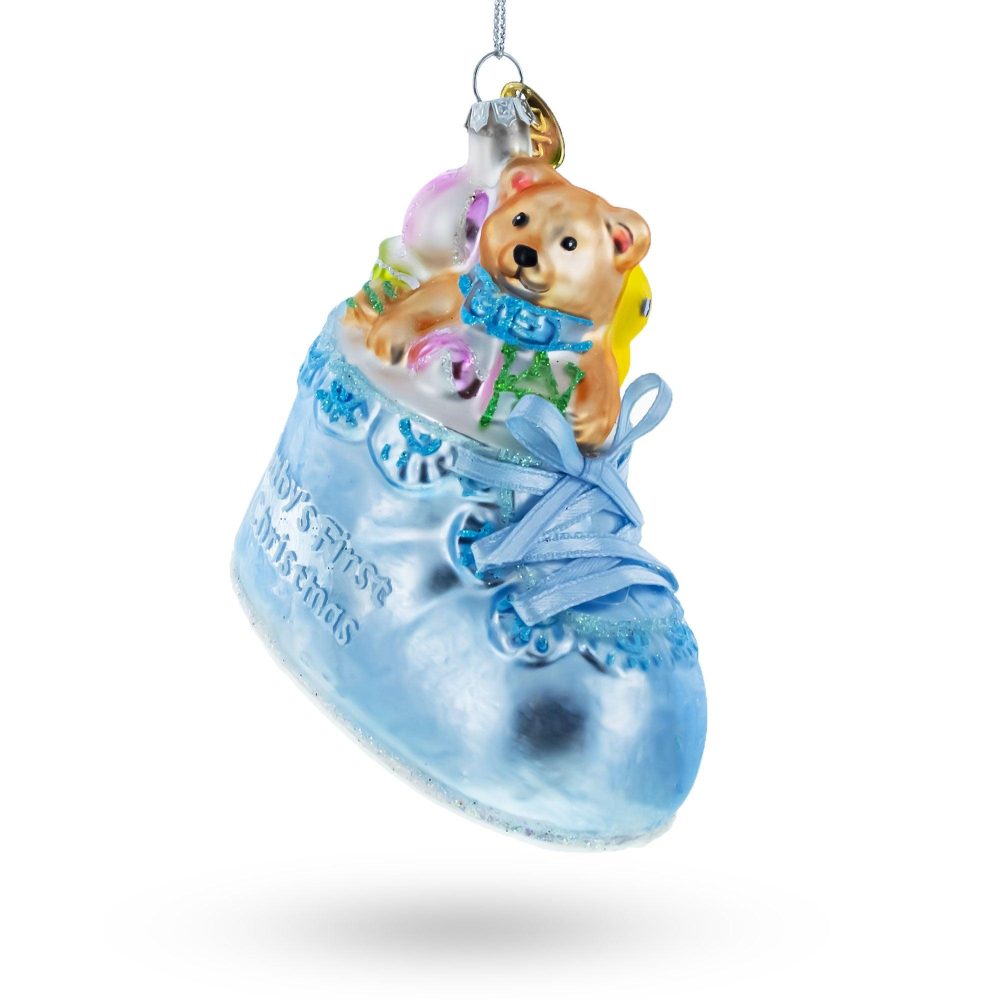 Teddy Bear Nestled In A Blue Shoe For Baby’S First Glass Christmas Ornament  |   Baby Baby Baby