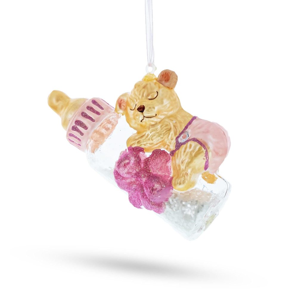 Teddy Bear On Pink Glass Bottle Baby’S First Blown Glass Christmas Ornament  |   Baby Baby Baby