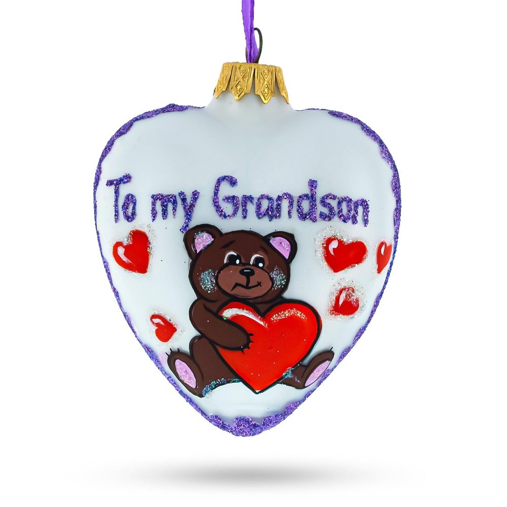 Teddy For My Grandson Glass Heart Christmas Ornament  |   Hearts Hearts Hearts