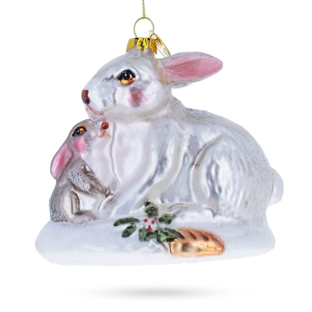 Tender Mother And Baby Bunnies Glass Christmas Ornament  |   Animals Animals Animals