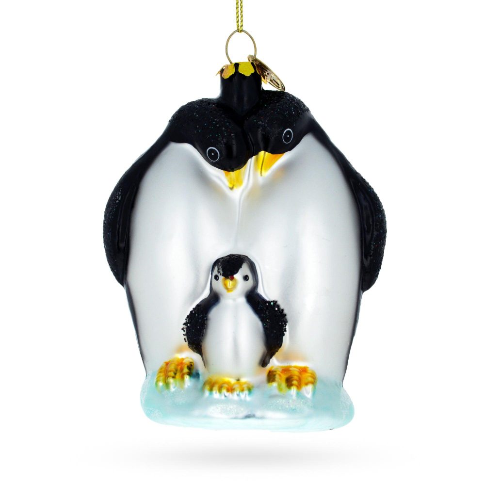 Tender Penguins With Baby Chick Glass Christmas Ornament  |   Animals Animals Animals