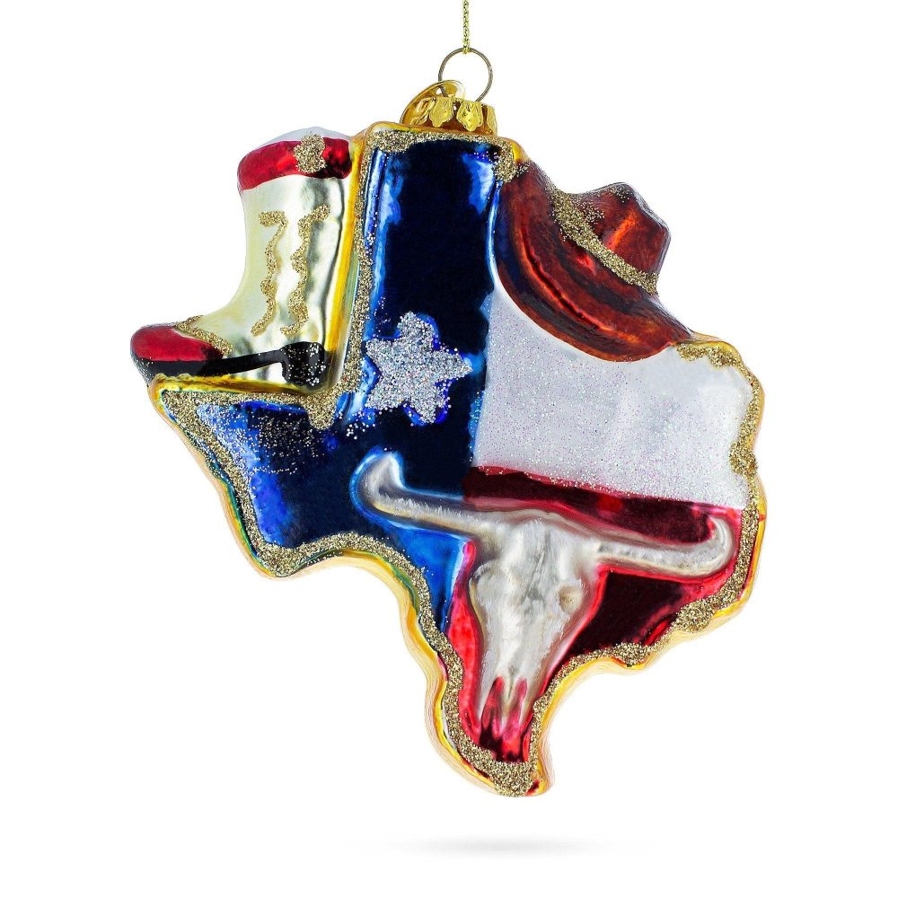 Texan Charm: Cowboy Hat And Texas State Blown Glass Christmas Ornament  |   Travel Ornaments Travel