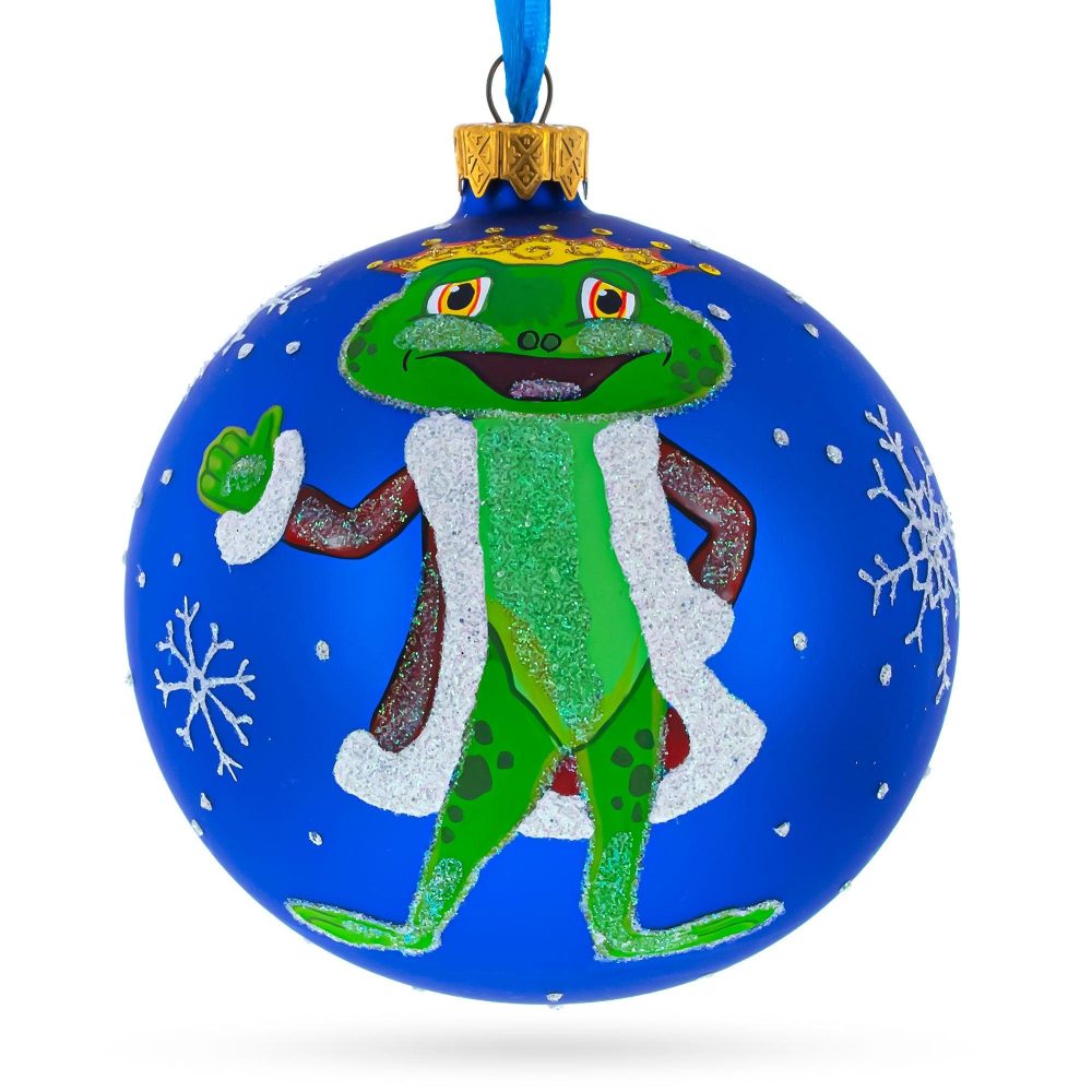 The Frog King Crowned In Splendor Hand-Blown Glass Ball Christmas Ornament 4 Inches  |   Animals Animals Animals