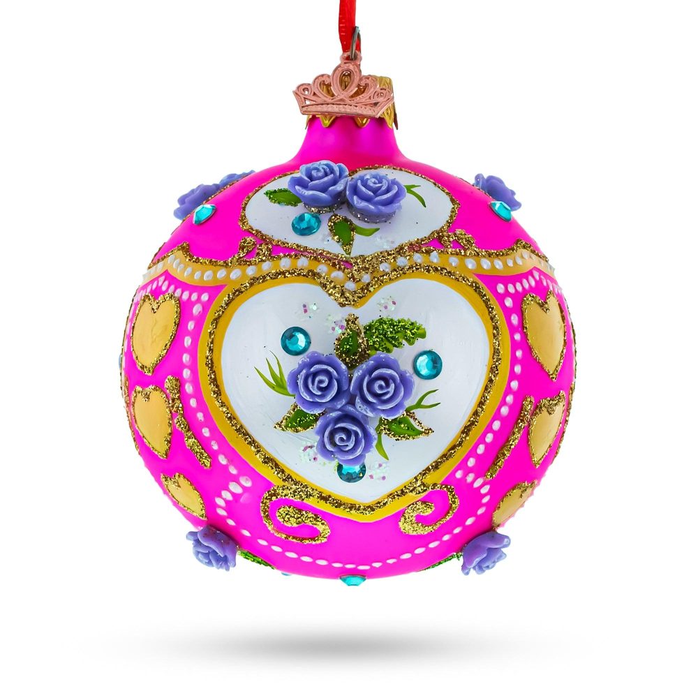 Three-Dimensional Roses On Pink Blown Glass Ball Christmas Ornament 3.25 Inches  |   Flowers Flowers Flowers