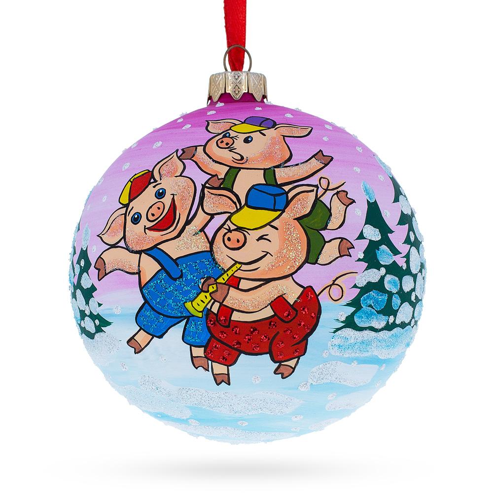 Three Little Pigs Blown Glass Ball Christmas Ornament 4 Inches  |   Animals Animals Animals