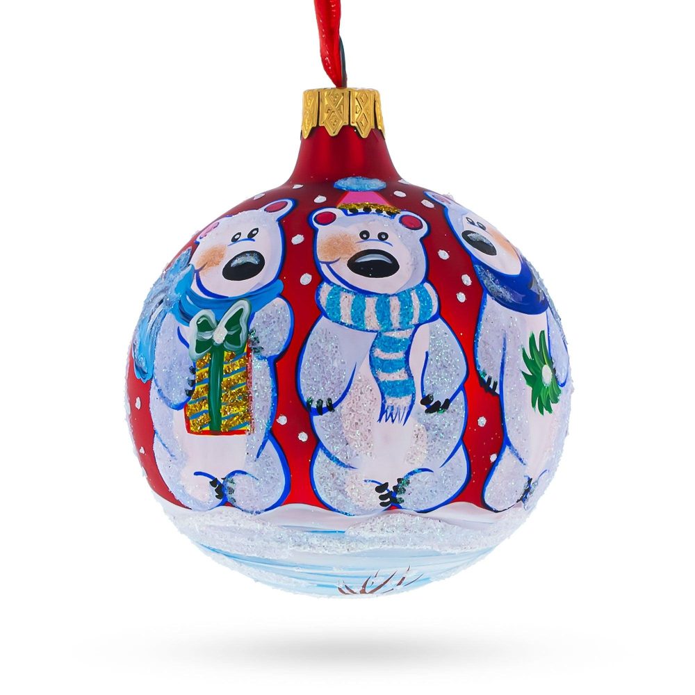 Three Polar Bears Blown Glass Ball Christmas Ornament 3.25 Inches  |   Animals Animals Animals