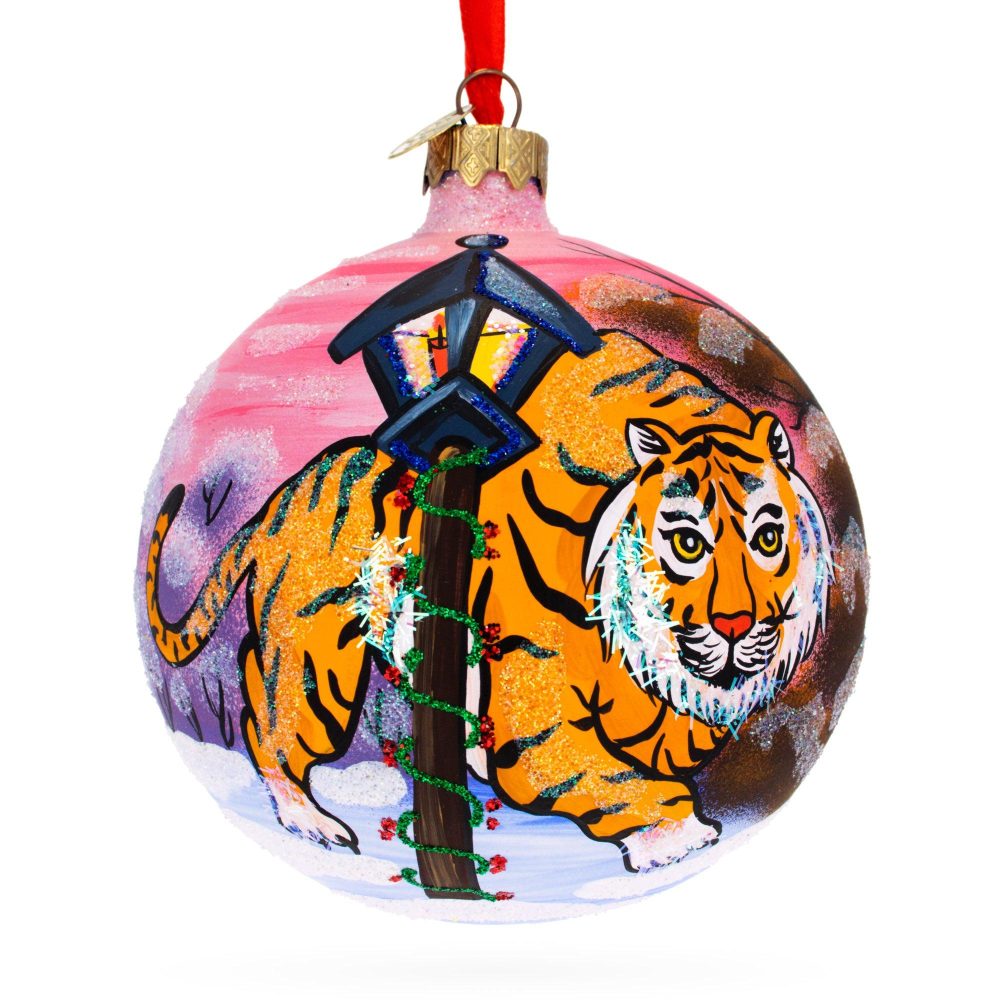 Tiger In The Snow Blown Glass Ball Christmas Ornament 4 Inches  |   Animals Animals Animals