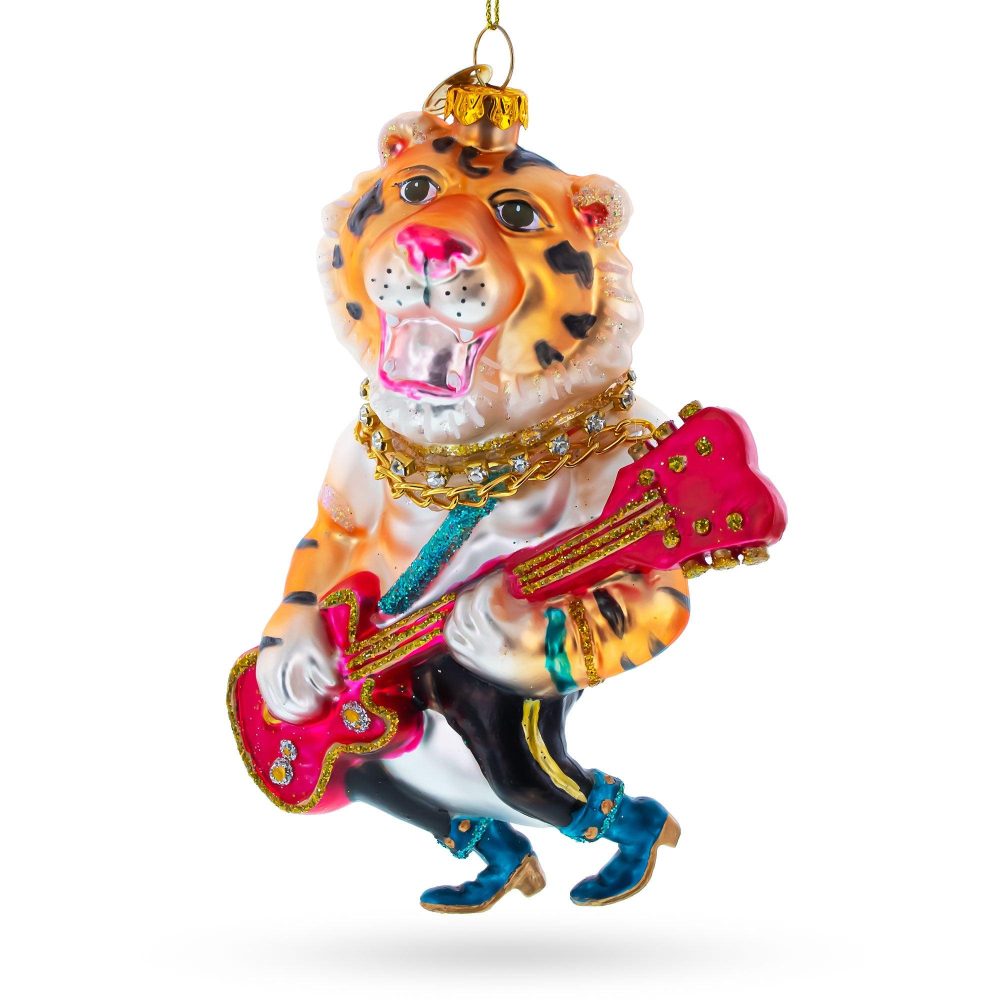 Tiger Playing Bass Guitar Blown Glass Christmas Ornament  |   Animals Animals Animals