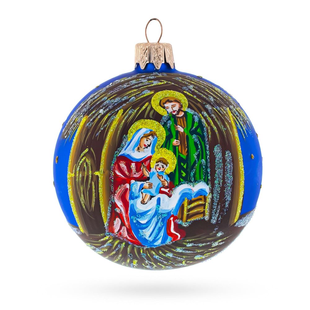 Timeless Nativity Scene In Manger Blown Glass Ball Christmas Ornament 3.25 Inches  |   Religious Ornaments Ornaments Religious Ornaments