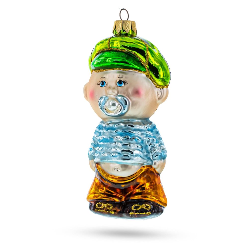 Toddler Boy With Pacifier Mini Glass Christmas Ornament  |   Baby Baby Baby