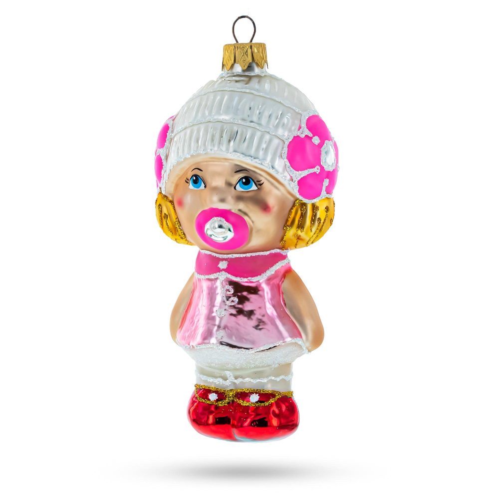 Toddler Girl With Pacifier Mini Glass Christmas Ornament  |   Baby Baby Baby