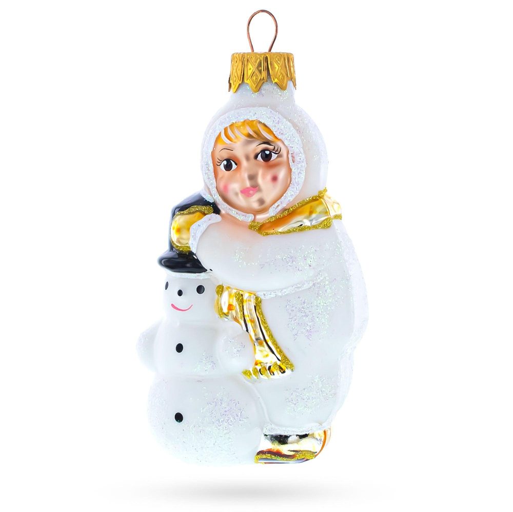 Toddler Hugging Snowman Mini Glass Christmas Ornament  |   Snowmen Ornaments Snowmen