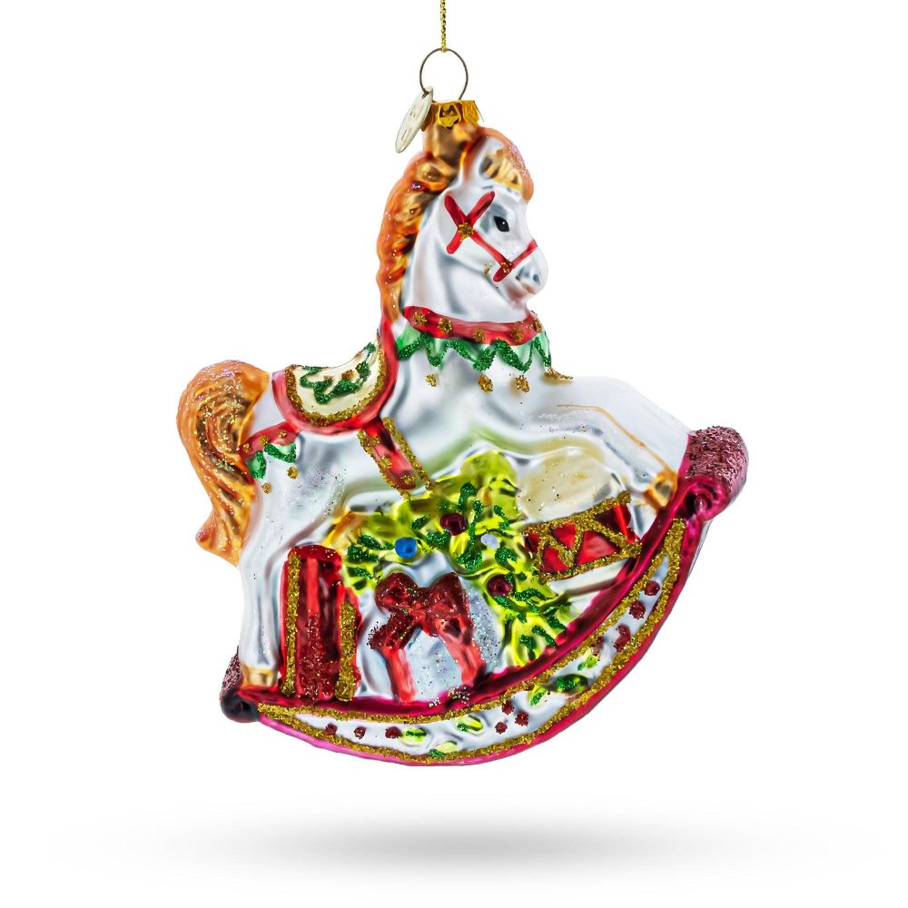 Traditional Rocking Horse With Gifts Blown Glass Christmas Ornament  |   Baby Baby Baby